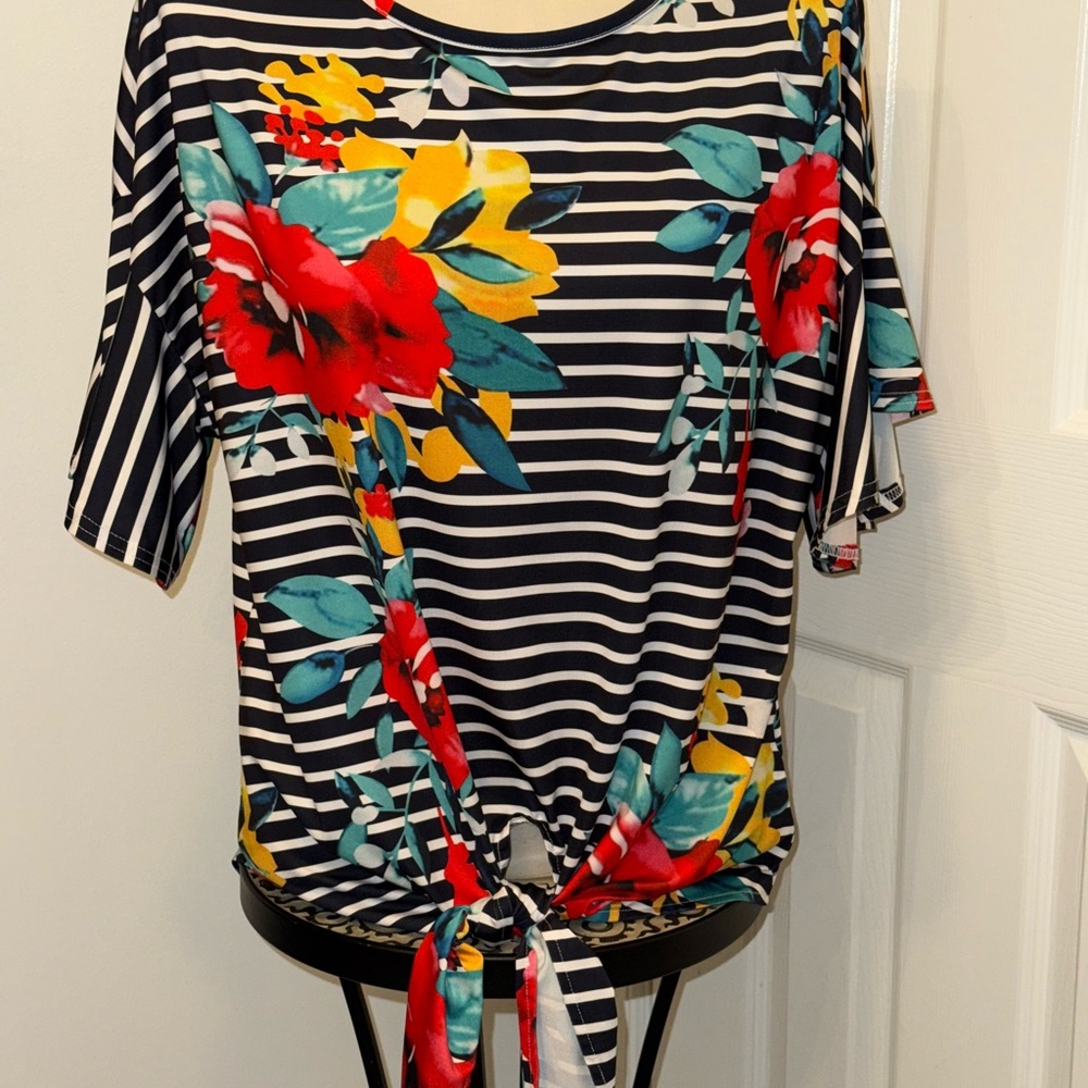 Tickled Teal Floral Striped Short Sleeve Top